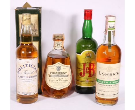 SS POLITICIAN blended scotch whisky 70cl 40% vol, USHER'S green stripe blended scotch whisky 75cl 40% vol Italian import, JUS