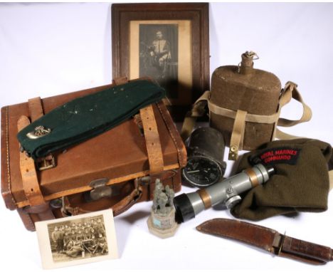 Alex Martin of Glasgow leather and canvas ammunition case, WWI water bottle, aircraft altitude meter, Hilger Watts scope, etc