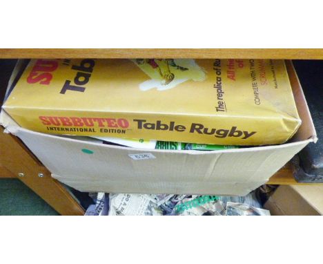 MIXED SUBBUTEO. Box of mixed Subbuteo figures and pieces and Subbuteo table rugby set