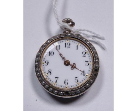 ENAMEL AND PEARL FOB WATCH. Ladies enamel and seed pearl backed fob watch