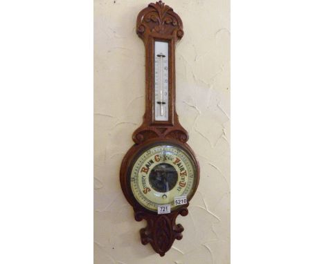 OAK 20TH CENTURY BAROMETER. Oak 20th Century aneroid barometer thermometer