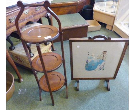 CAKE STAND AND FIRE SCREEN. Three tier oak table cake display stand and matching fire screen