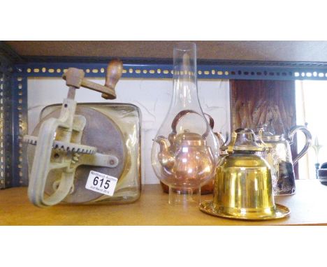 BUTTER CHURN. Vintage butter churn, paraffin lamp and two teapots
