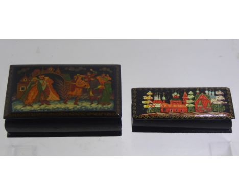 Two Russian Enamel Painted Boxes, depicting various scenes.