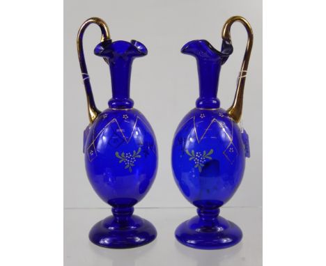 A Pair of Antique Bristol Blue Enamel Painted Vases, approx 27 cms high.