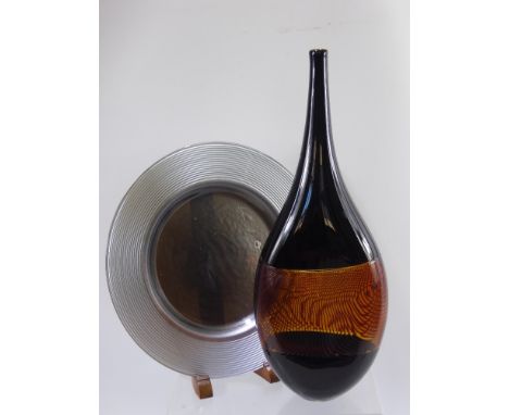 Bob Crooks, Devon, Studio Glass Amber Coloured Flask Vase, ribbed band to centre, signed etched signature Bob Crooks to base,