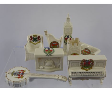 A Quantity of Crested China Musical and Domestic Interest, including Carlton 'Upright Piano', Arcadian 'Grandfather's Clock',