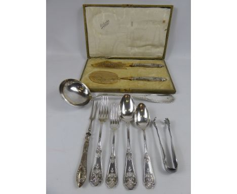 A Set of Continental Art Nouveau Cake Servers, together with pickle fork, ladle and miscellaneous antique Continental silver 