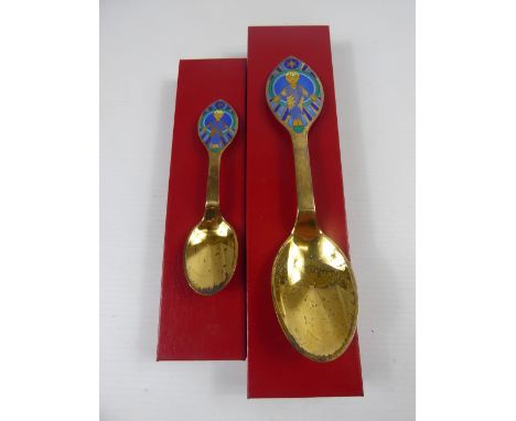 Danish Silver Gilt Enamel Commemorative Christmas Teaspoon and Dessert Spoons, dated 1984, 925 hallmark, in the original pres