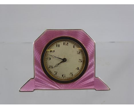 An Art Deco Solid Silver And Pink Guioche Enamel Dressing Table Clock, Birmingham hallmark dd 1931, mm A. Bros.