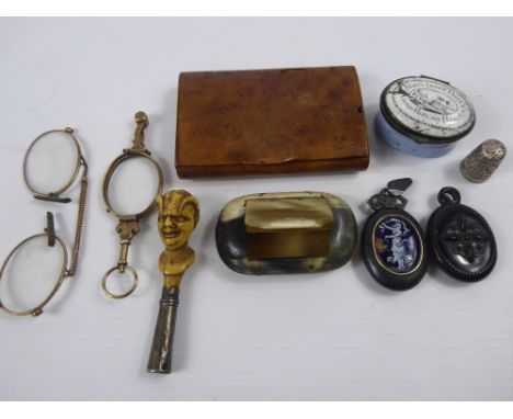 A Collection of Miscellaneous Items, including antique pipe stopper, horn snuff box, treen snuff box, silver thimble, two pai