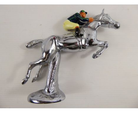 A Chrome Figure of a Race Horse, and enamel jockey, approx 14 cms high x 15 cms long. 