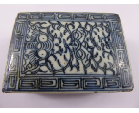 Antique Chinese Blue and White Box, the interior of the box depicting a Chinese inscription. The seal box hand painted with a