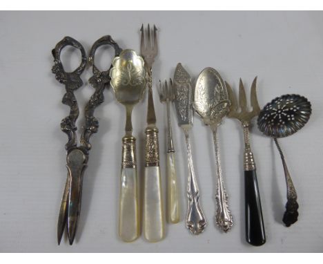 Miscellaneous Silver and Silver Plate, including two silver jam spoons, butter knife, sugar spoon, pickle forks and silver pl