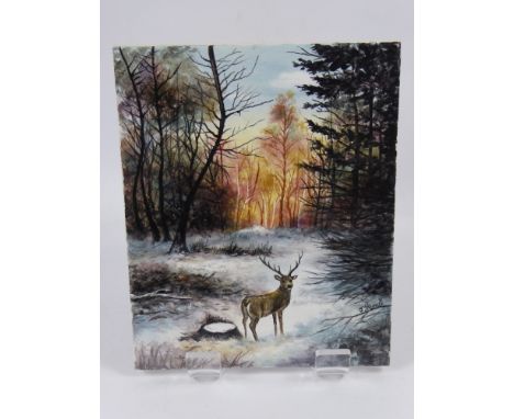 James Skerret Hand Painted Tile, depicting a Stag in a Woodland Setting, approx 20 x 25 cms Note: James Skerret Artist for th