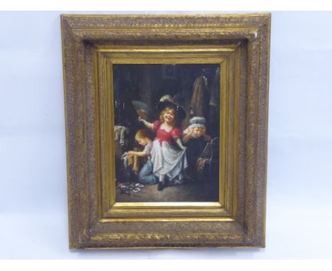 A Contemporary Oil on Board, depicting 'Children playing dress up', signed lower left 'Norton', presented in an ornate decora