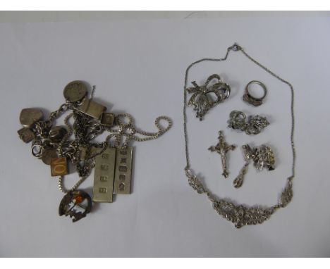 Miscellaneous Silver and Marcasite Jewellery, including charm bracelet, marcasite ring, ingot and chain, horseshoe brooch, to