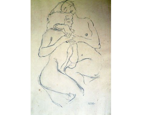 In The Manner of Gustav Klimt, pencil sketch of two nudes "Zwei Sich Umarmende Junge Madchen" ("Two Girls Hugging"), some fox