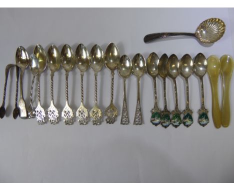 Miscellaneous Silver Teaspoons, including five silver and enamel cricket tea spoons, engraved W.E.C Birmingham hallmark, mm F