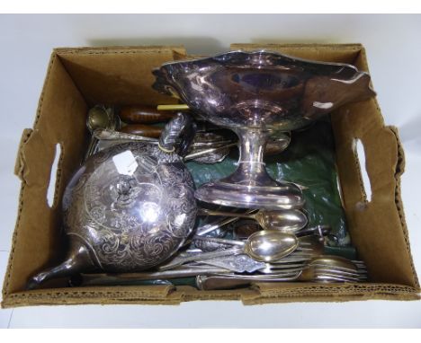 Miscellaneous Silver Plate, comprising flatware knives, forks, spoons, tea pot, silver plated compote on pedestal base, sugar