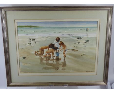 Bernard Bays, a water colour painting depicting children playing at the seashore, signed lower right, approx 51 x 35 , glazed