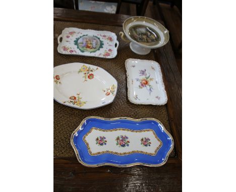 A Prattware Comport depicting "The Last In" by W Mulready R.A 28cm diameter (handles restored), and four trays 31cm to 45cm 