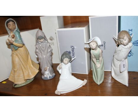 Lladro: Two Angelic Figures, Two Girls and Nao Girl With Puppy, 14cm to 33cm with boxes (5) 