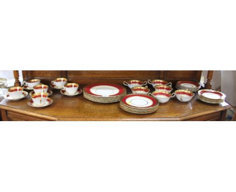 Aynsley Windsor Pattern: six cups and saucers, six twin-handled bowls with saucers, five dinner plates, six plates and five s