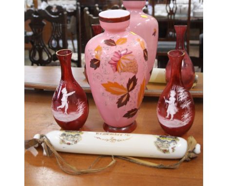 A Pair of Mary Gregory Red Glass Bottle Vases 23.5cm, an opaque pink balaster vase 32cm and a milk glass rolling pin 