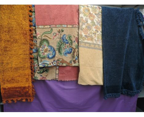 Three vintage chenille throws and a pair of curtains, good condition, slight wear to some items.around 1930s.