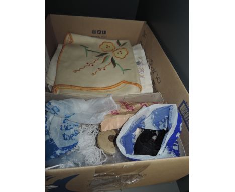 A collection of vintage and antique table line, some having embroidery, and a box of haberdashery, buttons and similar.