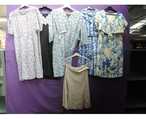 A lovely lot of five vintage dresses, 1940s to 1960s, including blue abstract print dress and jacket 'Couture by Berkertex', 