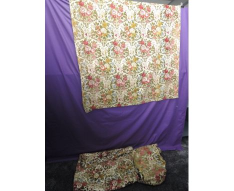 Three heavy vintage curtains, around 1930s.with a raised chenille pattern in red,green blue and pink on a champagne tone back