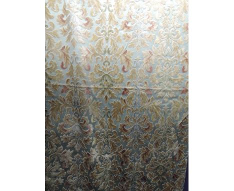 Two heavy vintage curtains, around 1930s/40s.with a raised chenille pattern in green,gold and pink on a duck egg blue tone ba