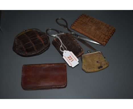 A collection of five vintage and antique purses, including crocodile and leather,and a pair of scissors. Good condition, ligh
