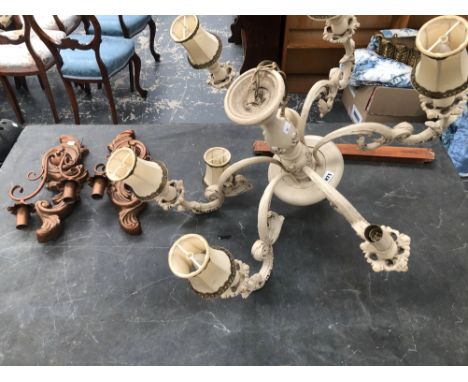 A PAINTED FRENCH STYLE SIX LIGHT CHANDELIER TOGETHER WITH A PAIR OF TWIN LIGHT SCONCES 