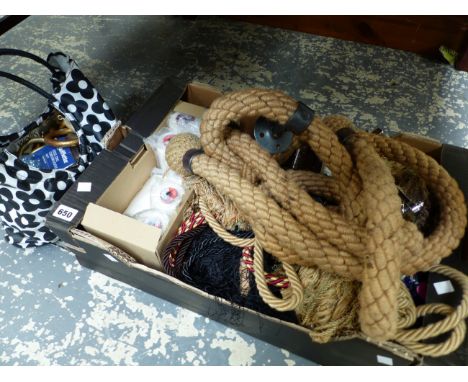 A ROPE BANNISTER 330cms , CHROME WALL LIGHT, VARIOUS SPOOLS OF COATSASTRA THREAD, TIE BACKS ETC.