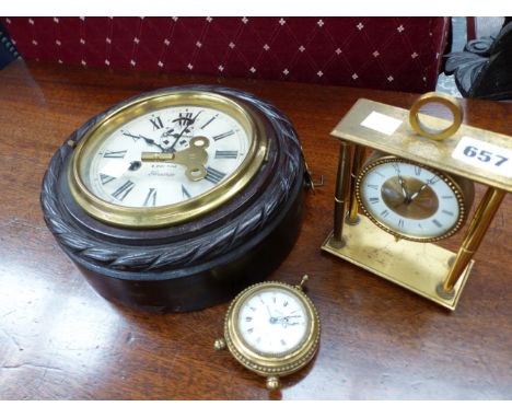 AN ANSONIA 8 DAY WALL CLOCK, TOGETHER WITH A SWIZA DESK CLOCK, AND A FURTHER SWIZA CARRIAGE TYPE CLOCK.