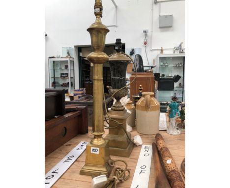 A BASS CANDLE STICK LAMP AND A FURTHER BRASS AND HARDSTONE LAMP.