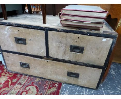 A 19th C. PAINTED CHEST OF TWO SORT AND A LONG DRAWER, EACH WITH BRASS CAMPAIGN HANDLES. W 97 x D 53 x H 56cms, PLAQUE TO REA