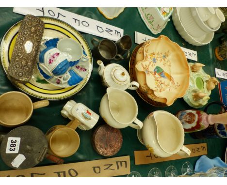 AN EASTERN WHITE METAL HINGED LID BOX, CROWN DEVON BOWL, TWO QUIMPER PLATES, ETC. 