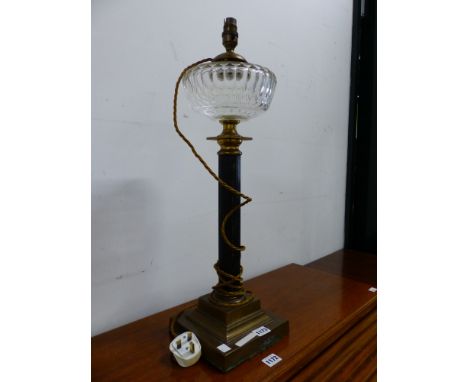 A VINTAGE BRASS AND CUT GLASS CONVERTED OIL LAMP