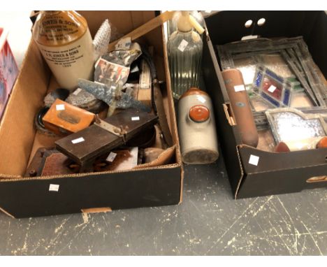 A COLLECTION OF VINTAGE KEYS GLASS SODA SIPHON LEADED GLASS, WOOD WORKING AND OTHER TOOLS, VARIOUS PRESSES ETC
