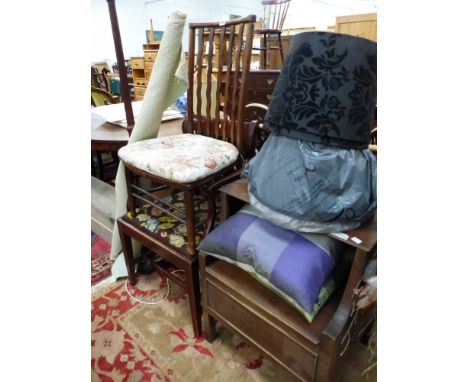 A MAHOGANY COMMODE CABINET, A 19th C. MAHOGANY CHAIR, ANOTHER LATER, A STANDARD LAMP AND A ROLE OF BEIGE STRIPED GREEN MATERI