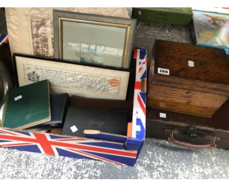 A SKETCH BOOK DATED 1939, CIGARETTE CARDS, A LEDGER BOOK CONTAINING STAMPS, PLAYING CARDS, VINTAGE CALENDAR, PICTURES, WEDGEW