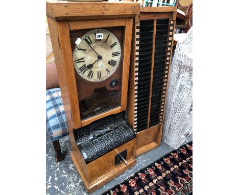 A VINTAGE OAK CASED TIME CLOCK AND ACCOMPANYING CARD HOLDER BUCK TIME RECORDER LIMITED 188 GRAYS INN ROAD LONDON, HEIGHT 100c