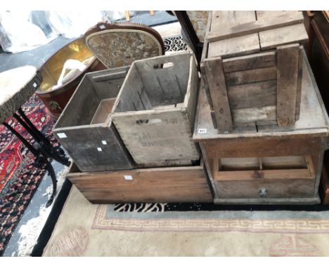 A COLLECTION OF VINTAGE CRATES, PACKING BOXES ETC 