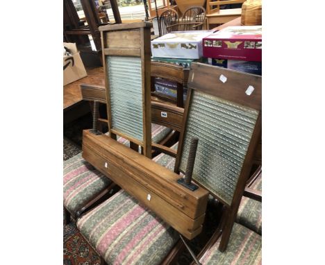 TWO VINTAGE WASHBOARDS AND A LARGE CLAMP PRESS 