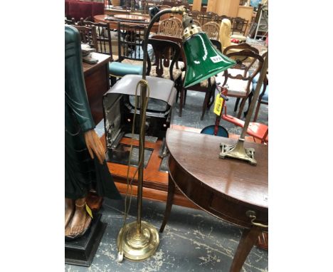 A BRASS VINTAGE STYLE ADJUSTABLE FLOOR LAMP TOGETHER WITH A PAIR OF SILVERED BRASS ART NOUVEAU STYLE STANDS