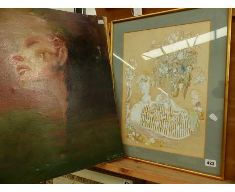 20th C. ENGLISH SCHOOL A FANTASTICAL WATERCOLOUR OF FIGURES IN A GARDEN. 46 x 32cms TOGETHER WITH AN UNFRAMED ABSTRACT PORTRA